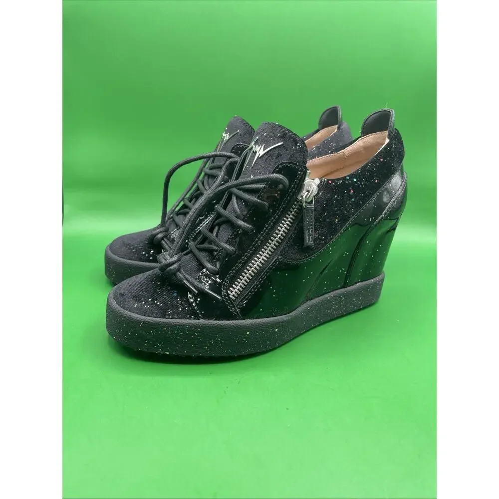 Designer Giuseppe Zanotti Kriss Wedge Sz 41 Black Patent Leather Velvet Glitter